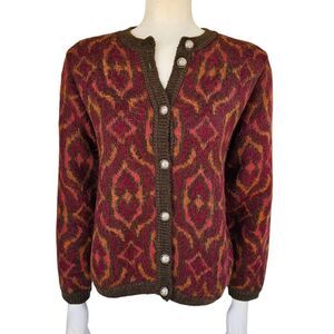 Edinburgh Women’s Mohair Blend Cardigan Sweater M Brown Red Pattern Knit Button